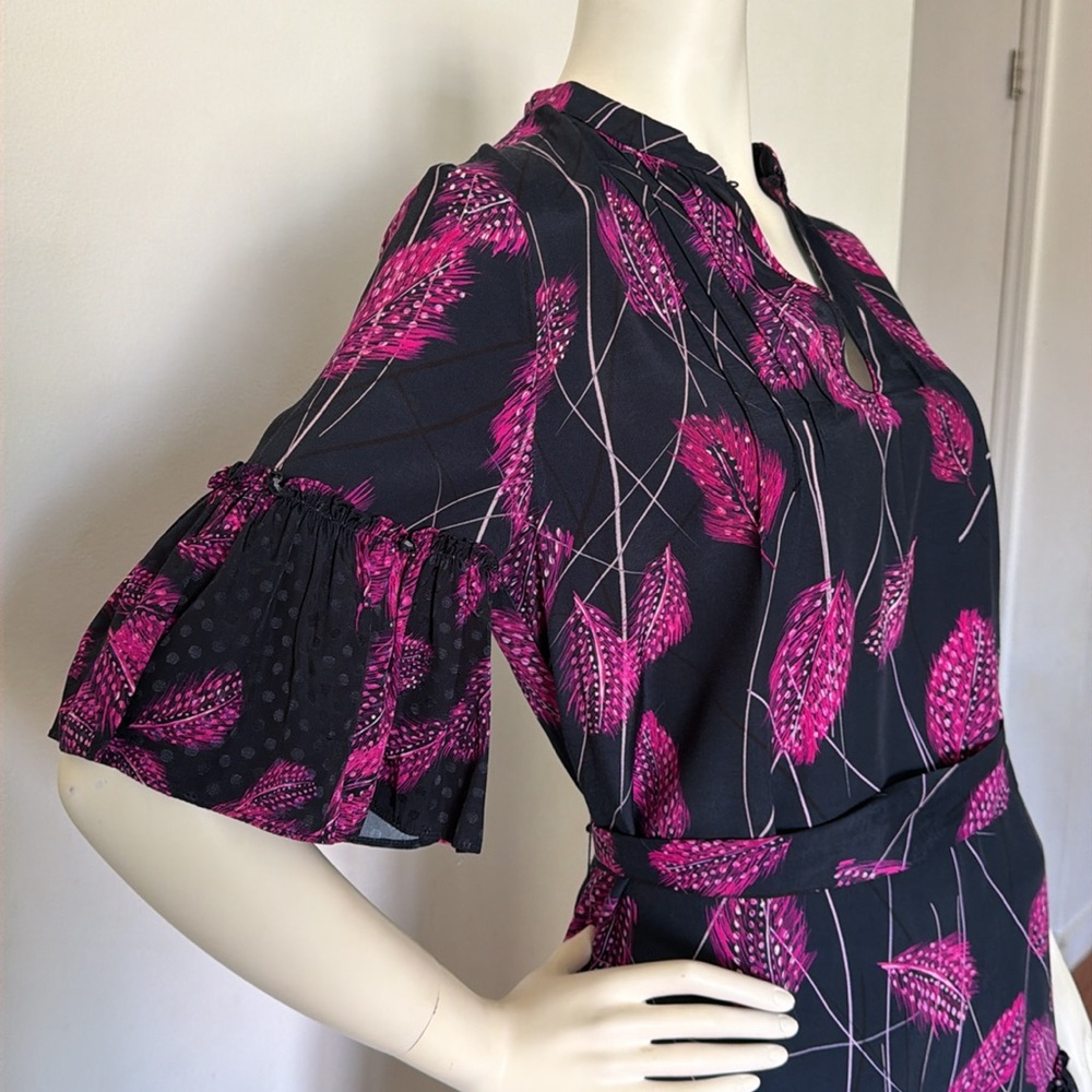 Reiss Marsali Belted Feather Print Dress Bell Sleeves Ruffled Hem Sz 4 - Picture 4 of 15